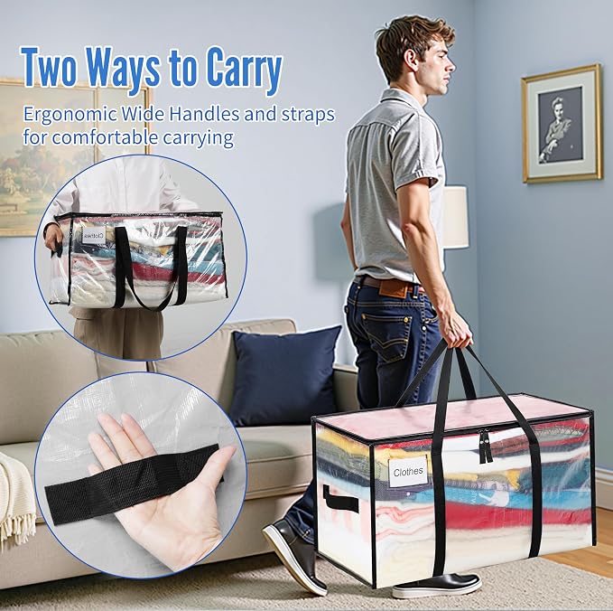 BAGAIL Heavy Duty Moving Bags with Strong Handle, Extra Large Moving Boxes, Storage Tote for Clothes, College Moving Supplies(Clear, 6 Pack) - Image 6