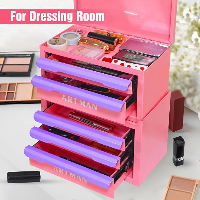 Mini Metal Tool Box, 2+3 Layer Portable Steel Small Tool Chest Cabinet, Stackable Desktop Organizer, Makeup & Stationery Storage Drawers with Handles for Home Office Workshop(Pink & Purple) - Image 7