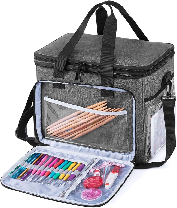 Teamoy Crochet Bag, Knitting Bag Yarn Storage Tote, Yarn Organizer, Gray | Yarn Holder for Crocheting, with Inner Divider and Cover, for Yarn Skeins, Project, Knitting Needles, and Crochet Supplies - Image 4