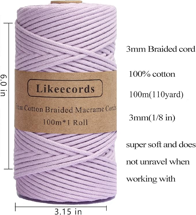 Braided Cotton Cord 3mm×109 Yards Natural Macrame Cotton Cord Bohemia Macrame Rope for Handmade Plant Hangers Wall (Lilac) - Image 2