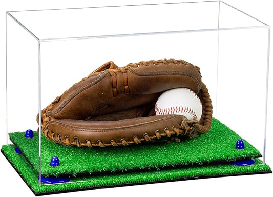 Better Display Cases Acrylic Baseball Catchers Glove Display Case with Clear Case, Dark Blue Risers and Turf Base (A011/V16)