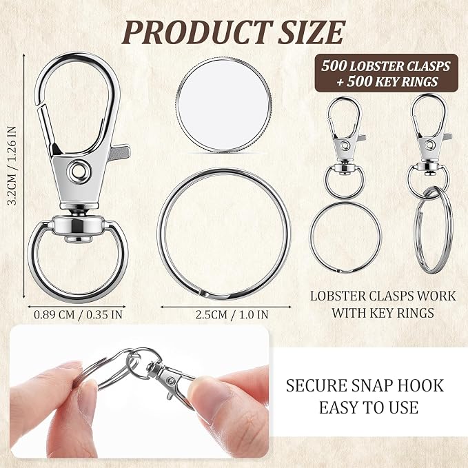 Liliaafar 1000 Pcs Keychain Kit:Lobster Claw Clasp with Ring,Silver,Classic | Keychain Making Supplies, 500 Swivel Hooks and 500 Key Ring, Bulk Lobster Claw Clasps, Key Chain DIY Making Crafts Supplies - Image 4