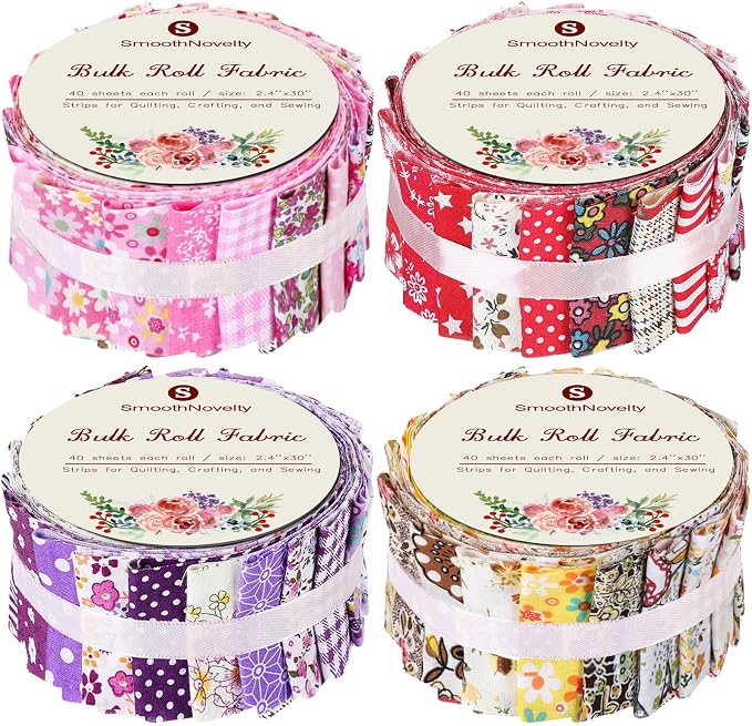SmoothNovelty 160 Pcs 4 Rolls Fabric Strips, 2.44" x 39.3" Precut Quilting Roll, Cotton Strips Bundle for Quilting, Sewing, Crafting, Patchwork, Blanket, Rug, Upholstery(Cute Style) by SmoothNovelty