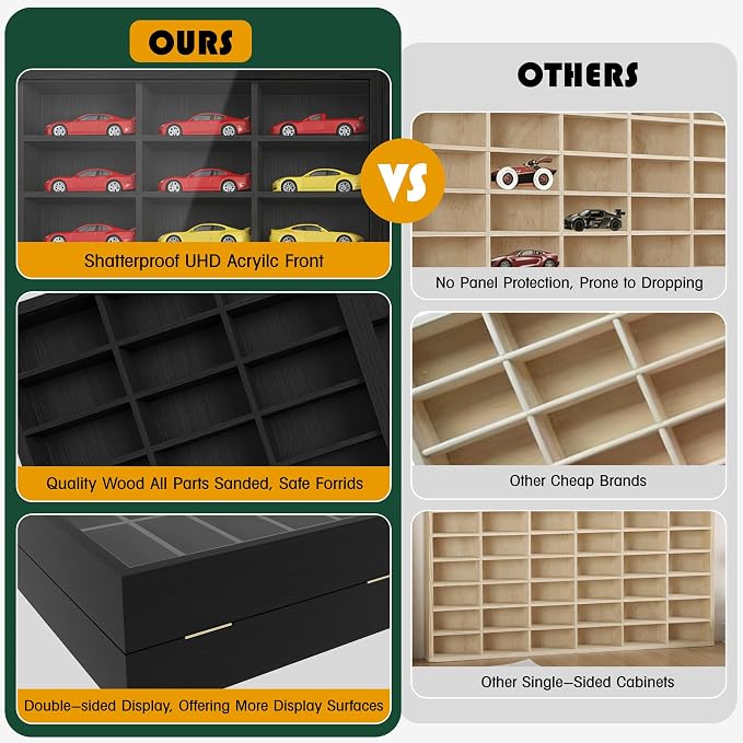 Model Car Display Case 24 x 17 in, Holds 54 Fits 1/64 Scale Toy car Storage Organizer,Wall-Mounted Toy Shelf Display Storage, Collapsible Wooden Box with 2 Acrylic Cover Plates (Only Box - Black) - Image 5