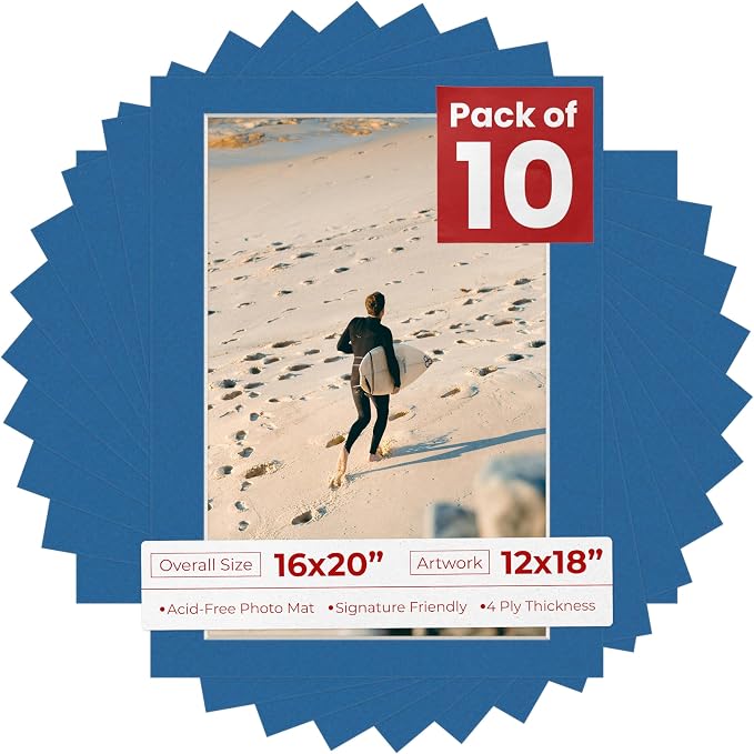 12x18 Mat for 16x20 Frame - Precut Mat Board Acid-Free Royal Blue 12x18 Photo Matte For a 16x20 Picture Frame, Premium Matboard for Family Photos, Show Kits, Art, Picture Framing, Pack of 10 Mats by PosterPalooza