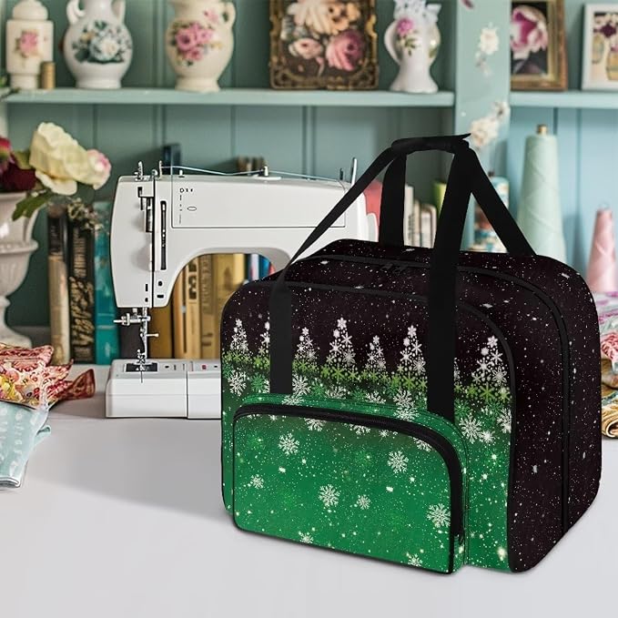 Sewing Machine Storage Carrier Bag Portable Appliance Dust Bag Versatile Sewing Machine Organizer Case with Handle and Soft Cushion, Christmas Snowflake Tree Black Green - Image 2