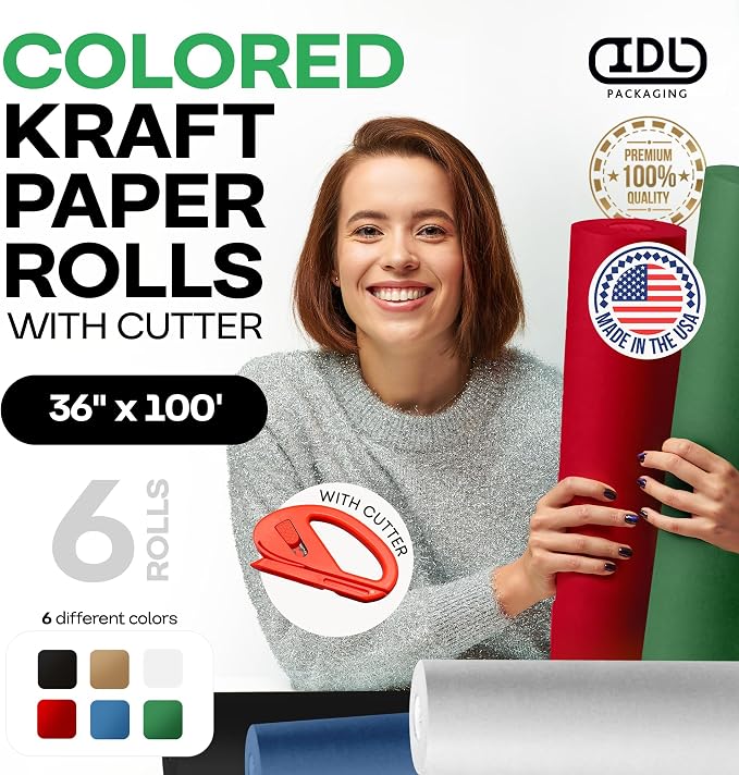 Assorted Colors Kraft Paper with Cutter, Set of 6 Rolls 36" x 1200"(100 ft) | USA-Made Natural Multi-Color Paper for Gift Wrapping, Kids' Arts & Crafts, School & DIY Projects by IDL Packaging - Image 2