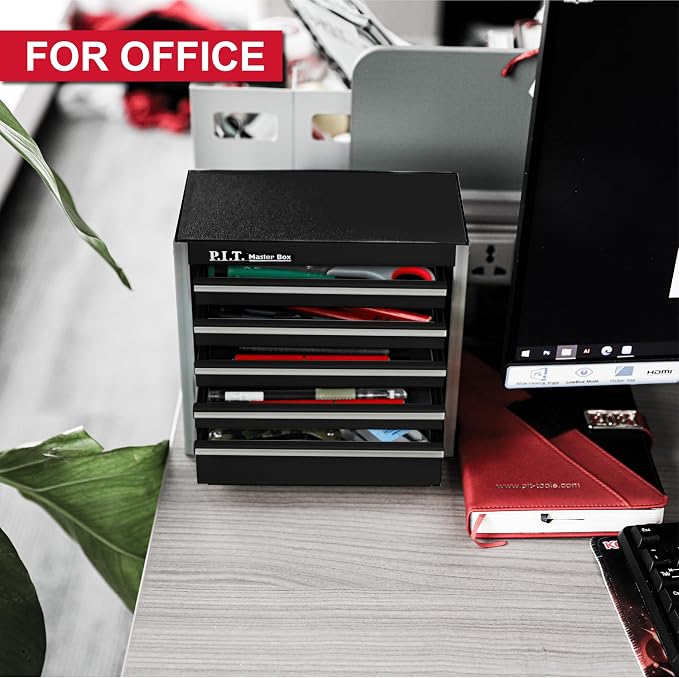 P.I.T. Mini Tool Box,Small Metal Toolbox Organizer with 5 Drawers,Black | 8.6"W X 4.6"D Cute Size,Q235 Steel,Magnetic Locking Mechanism,PVC Drawer Liners - Image 4