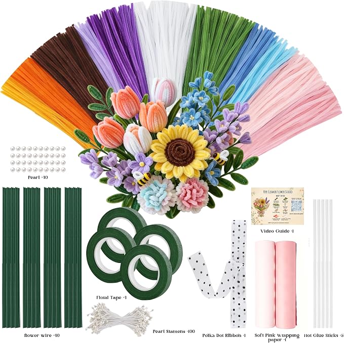 Zeniith-Living 800-Piece Pipe Cleaner Flower Kit, 12 Vibrant Colors | All-in-One Flower Craft kit, Step-by-Step Video Tutorial, Soft Bendable Stems, for Holidays, Gift and DIY Friendly - Image 2
