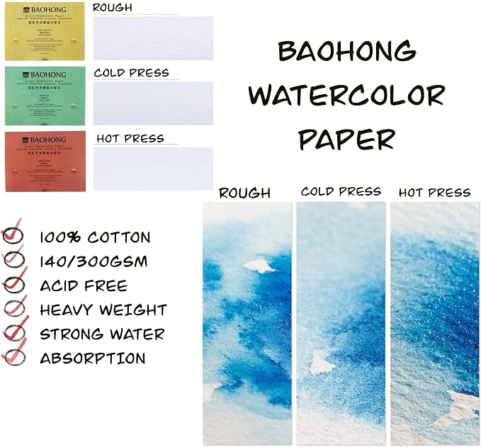 BAOHONG Artists' Watercolor Paper Block (20 Sheets, glued on Four Edges), 100% Cotton, Acid-Free, 140LB/300GSM, Watercolor Art Supplies for Wet, Dry, and Mixed Media Painting (Cold Press 8.3"X5.9") - Image 4