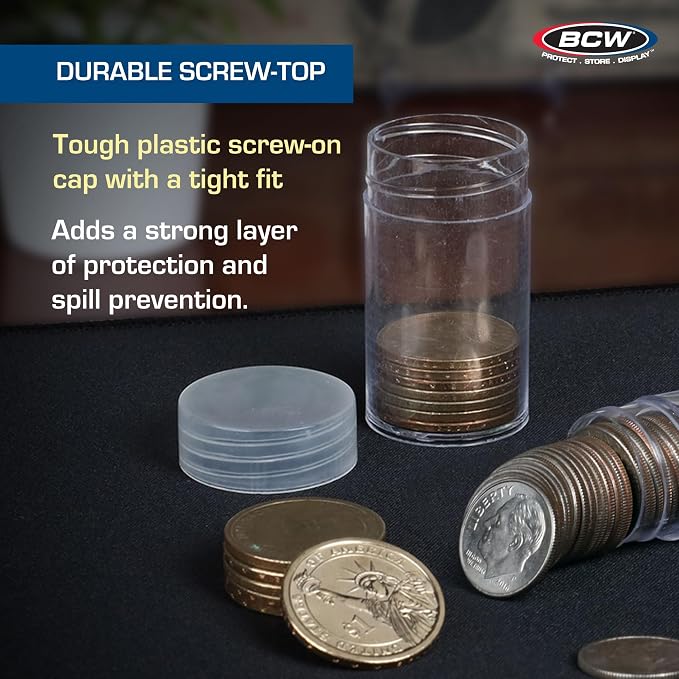 BCW Half Dollar Coin Tubes for Kennedy Half Dollars, Airtight, 10 Pack | Each reusable screw-cap tube holds 20 unwrapped 30.6 mm coins and helps limit air exposure during storage or display. - Image 5