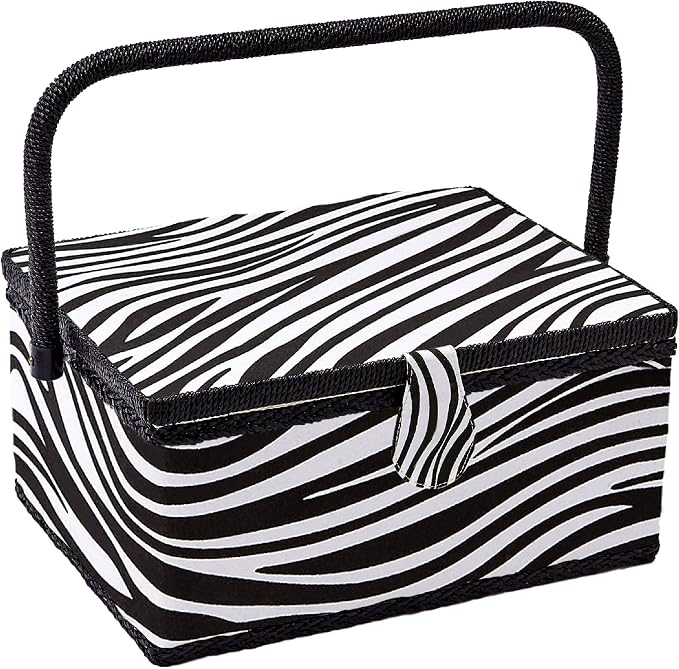 Sewing Basket with Zebra Design - Sewing Kit Storage Box with Removable Tray, Built-in Pin Cushion and Interior Pocket - by Adolfo Design (Medium - 11" x 7" x 5.5", Zebra) by Unknown
