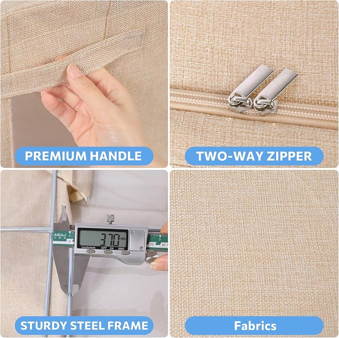 CYhom Clothes Storage Bins Box - Linen Fabric Foldable Stackable Container Organizer Set with Clear Window & Carry Handles & Metal Frame - 2Pack Large Capacity for Bedding, Blankets, Books - Image 4