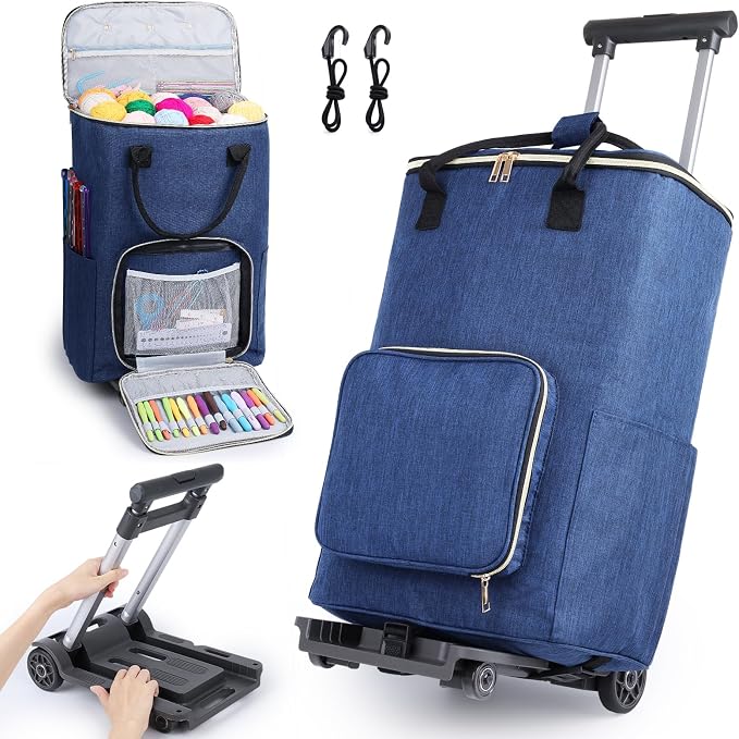 Coopay Portable Crochet Bag, Extra Large Yarn Storage for Crochet Accessories and Supplies, Yarn Bags with Wheels and Telescoping Handle, Durable Knitting Bag for Craft Enthusiasts by Coopay