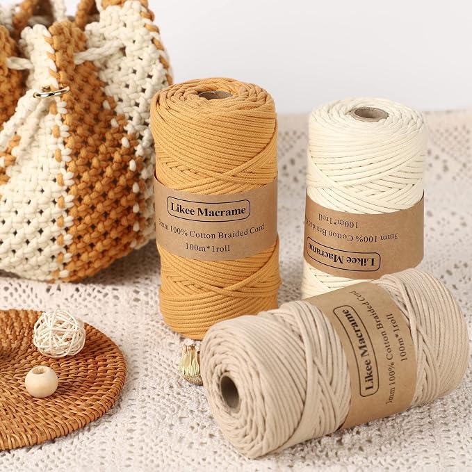 Likeecords 2 Skeins Braided Macrame Cord 3mm x 100m, Macrame Rope, Colorful Cotton Craft Cord for Bag, Plant Hangers, Crafts, Knitting (Light Khaki) - Image 2