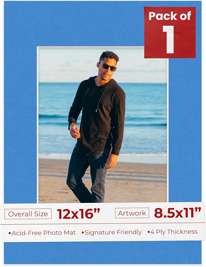 8.5x11 Mat for 12x16 Frame - Precut Mat Board Acid-Free Bay Blue 8.5x11 Photo Matte For a 12x16 Picture Frame, Premium Matboard for Family Photos, Show Kits, Art, Picture Framing, Pack of 1 Mat by PosterPalooza