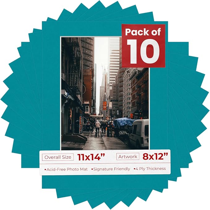 8x12 Mat for 11x14 Frame - Precut Mat Board Acid-Free Show Kit with Backing Board, and Clear Bags Teal Blue 8x12 Photo Matte Made to Fit a 11x14 Picture Frame Matboard for Framing, Pack of 10 Mats by PosterPalooza