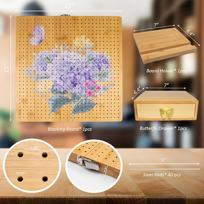 Crochet Cast Foldable 15” Bamboo Crochet Blocking Board + Stand and Drawer | 40 Stainless Steel Rods, Large Storage Bag, Anti‑Slip Feet, Thick Mat, High Quality Pegs, Two Compartments, Uniform Holes - Image 3