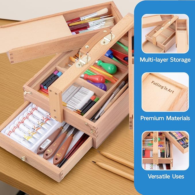 Falling in Art Artist Supply Storage Box, Three Layer Art Storage Tool Box | Portable Beechwood Toolbox with Drawer for Paints, Brushes, Pastels, Pens, and Markers - Image 3