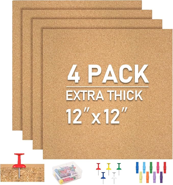 Cork Board Tiles - 4 Packs Adhesive Corkboards for Wall, Small Cork Board Squares Decorative for Office, School & Home by Facilife