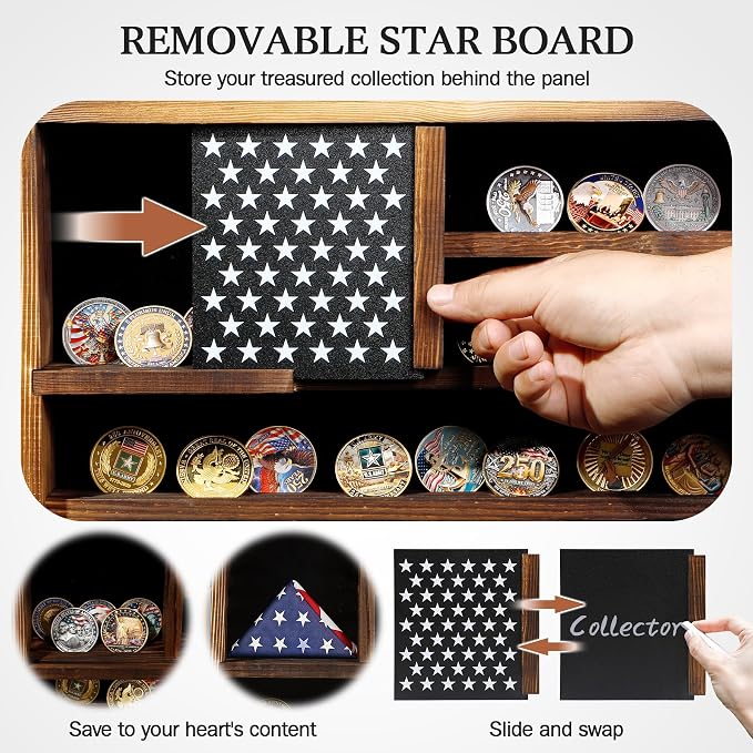 Challenge Coin Display Case Holder,Hd Tempered Glass Door,Not Acrylic,15*11 | Carbon Brown/100%wood/Removable Star Board/Wooden America Flag Military Challenge Coin Display Case Holder - Image 6