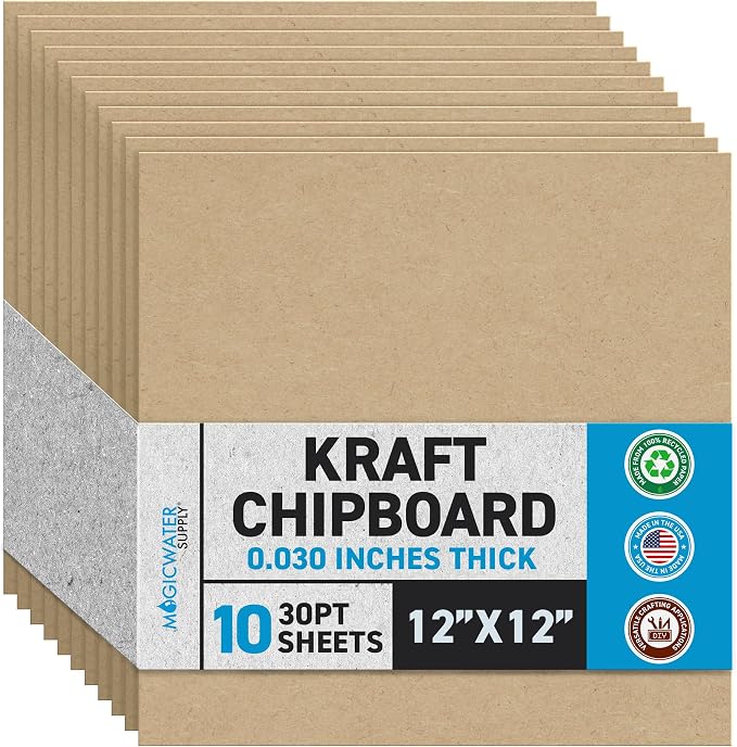 MagicWater Chipboard Sheet - 12x12 inch - 30 pt - 0.030" Thick - 10 Pack | For DIY Projects, Heavy Duty Kraft, Paperboard for Scrapbooking, Books, Picture Frame Backing, Art Projects & Crafts by MagicWaterSupply