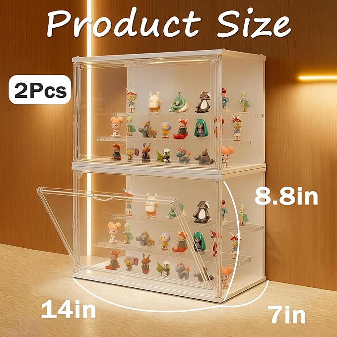 Clear Display Case for Collectibles, 3-Tier Stackable LED Figure Display Case with Magnetic Door, Adjustable Showcase for Models, Miniatures, Jewly (White, 17.6H-2PCS)