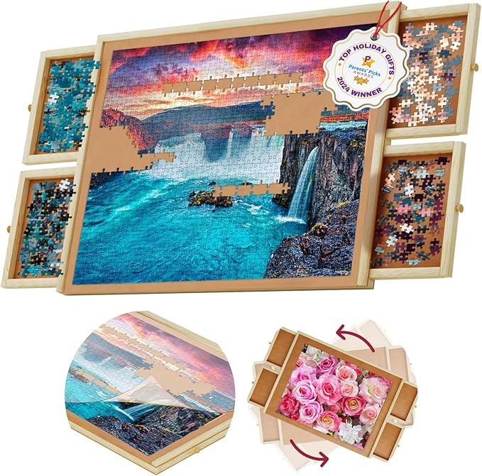 Rotating 1000 Piece Wooden Puzzle Board | 30" x 22" Puzzle Table | 4 Drawers, Protective Cover Included, Portable Jigsaw Puzzle Table for Adults and Kids by BeyondInnoventions