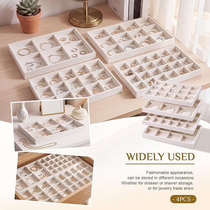 Unittype Set of 4 Stackable Jewelry Organizer Tray for Drawer Inserts Velvet Necklace Earring Bracelet Ring Holder Jewelry Display Storage Box for Bangle Stud Necklace Ring(6/12/15/24 Grid,Beige) - Image 6