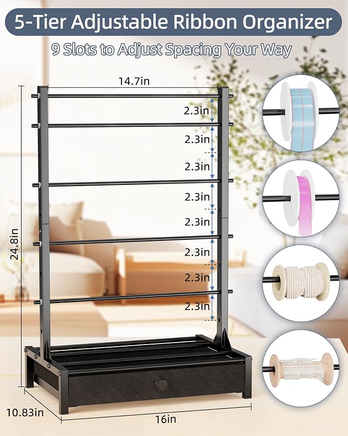 Ribbon Organizer with Fabric Drawer, Adjustable 5-Tier Ribbon Holder, Large Capacity Stable Ribbon Storage Rack for Craft Room, Gift Wrapping & Florist Supplies - Image 2