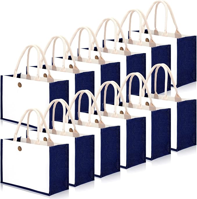 Reginary 12 Pcs Jute Burlap Tote Bags with Handles Reusable | Beach Wedding Gifts, Blank DIY Canvas Bags, 14.57x10.24x6.69 in, Burlap Handles, Waterproof Reusable for Shopping by Reginary