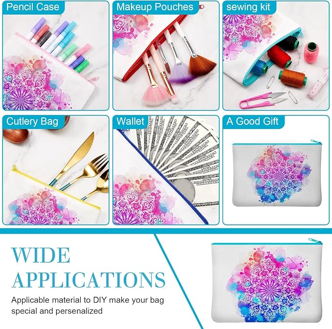 Frienda 50 Pcs Sublimation Blank Canvas Makeup Bags Bulk DIY Heat Transfer Canvas Pen Case Pencil Cosmetic Makeup Bags Clear Sublimation Blank Pouch with Zipper (9 x 6.89 Inch,Mixed Colors) - Image 4