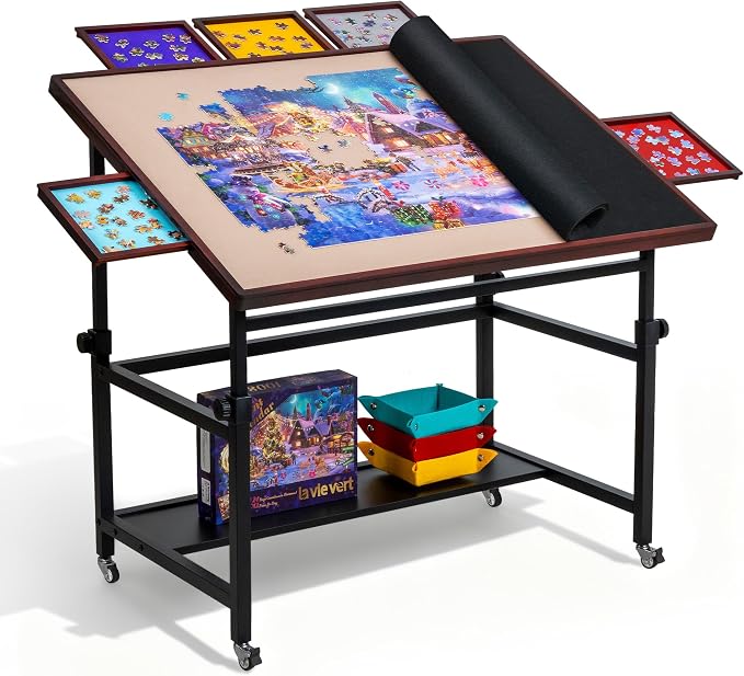 LAVIEVERT 1500 Piece Tilting Puzzle Table with 5 Colored Drawers & Cover | Angle & Height Adjustable Puzzle Board with Storage Shelf, Portable Wooden Jigsaw Table with Legs & 4 Wheels for Adults by LAVIEVERT