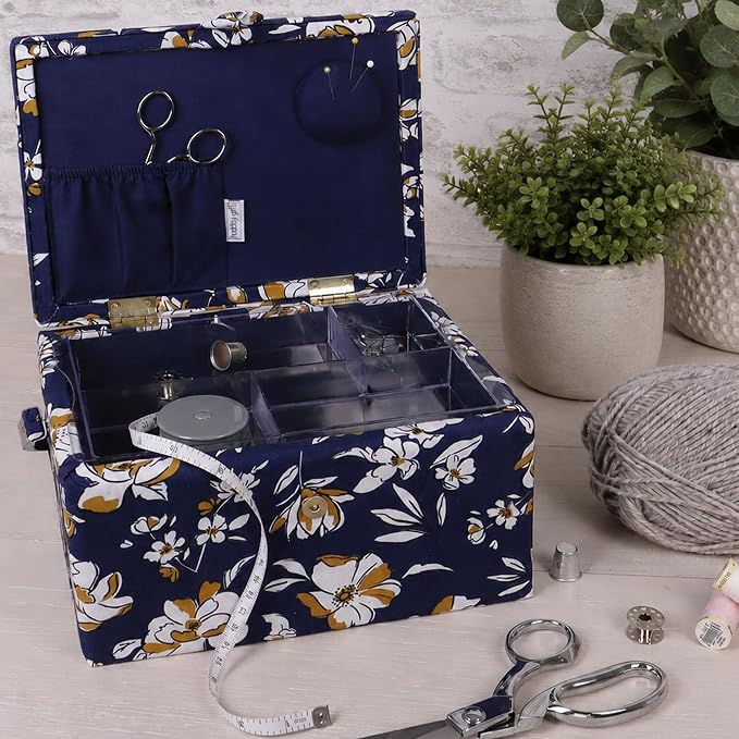 Hobby Gift Medium Sewing Box Organiser, Fabric Covered Storage Box with Handle, Internal Tray, Pin Cushion and Pocket for Sewing, Quilting and Knitting Supplies - Image 3