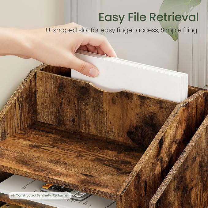 Wooden Desk Organizer with Adjustable Partitions, Multi-Layer Desktop File Holder for Home Office, Paper & Stationery Storage Organizer, Rustic Brown MWJ04FG - Image 5