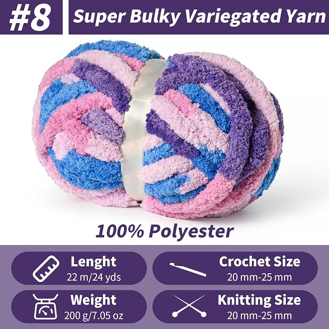Chunky Jumbo Chenille Yarn Multicolor 10 Pack | 2000g/240yds Super Bulky Baby Soft Yarn for Hand Knitting Fluffy Chunky Knit Throw Blanket Yarn - Image 2