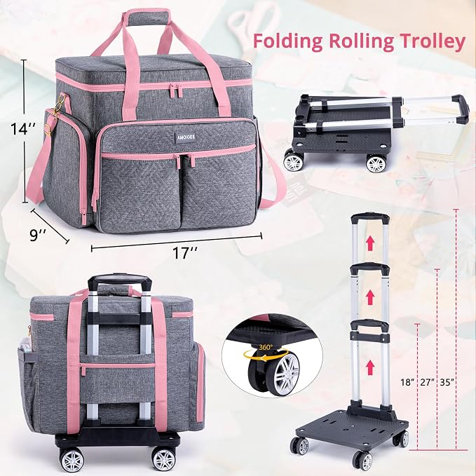 AMOIGEE Rolling Tote Bag with Wheels and Handle, Sewing Machine Case, Craft Organizer Tote for Scrapbooking Storage, Teacher Rolling Bag, Craft Supply Storage, Art Bag, Rolling Cart for Teachers - Image 2