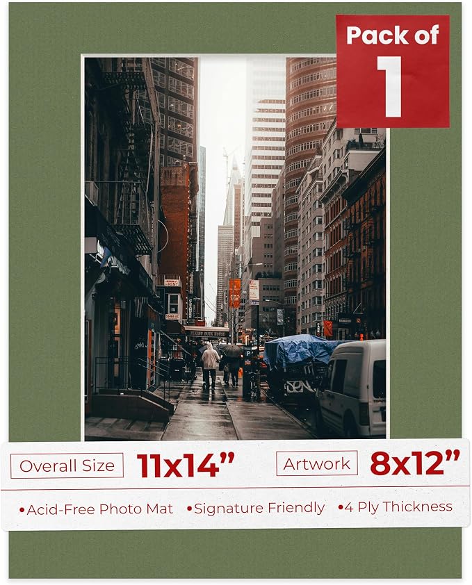 8x12 Mat for 11x14 Frame - Precut Mat Board Acid-Free Dill Green 8x12 Photo Matte Made to Fit a 11x14 Picture Frame, Premium Matboard for Family Photos, Show Kits, Art, Picture Framing, Pack of 1 Mat by PosterPalooza