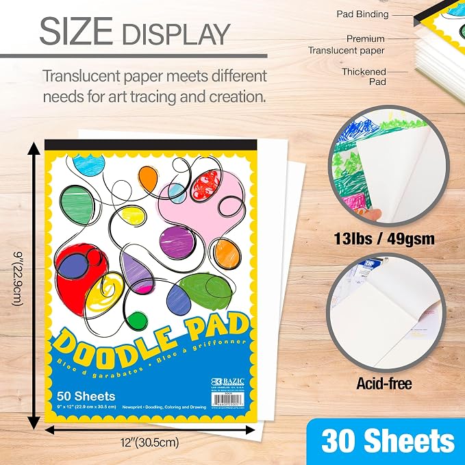 BAZIC Products Doodle Pad, Newsprint, 9 x 12 in, 50 Sheets, 48-Case | 50-sheet newsprint doodle pad, Smooth paper for doodling, Sketching, Everyday drawing, Bulk pack - Image 2