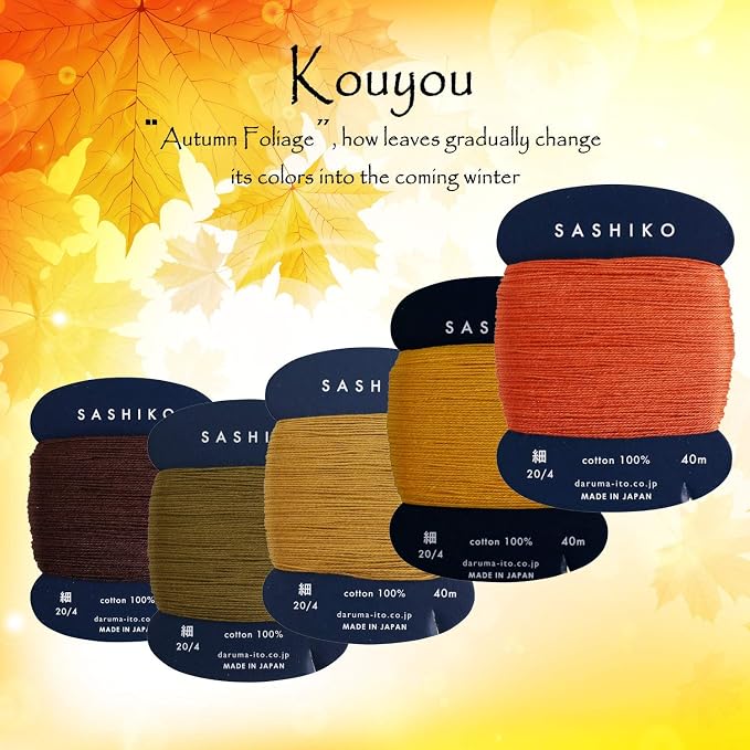 DARUMA Sashiko Thread 100% Cotton Card Type (43.7 yd) x 5 Colors with English Manual, Sewing & Embroidery Value Set with Gift Package(Thin, Kouyou) - Image 5