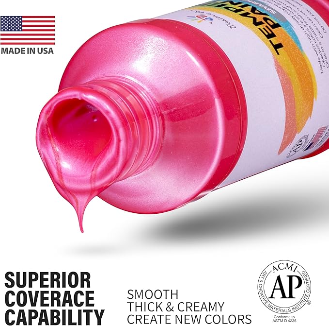 Washable Tempera Paint Set – 6 Colors, 4 fl oz Bottles, Non-Toxic Kid-Safe School & Craft Paint, Easy Cleanup, Thick Creamy Coverage, Classroom Art Supplies, Made in USA (Pearlescent)