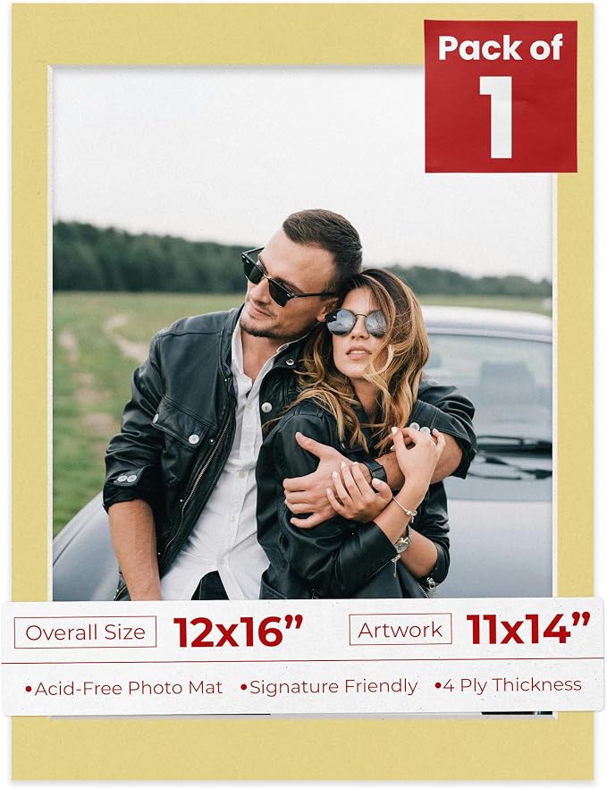 11x14 Mat for 12x16 Frame - Precut Mat Board Acid-Free Show Kit with Backing Board, and Clear Bags Soft Yellow 11x14 Photo Matte Made to Fit a 12x16 Picture Frame Matboard for Framing, Pack of 1 Mat by PosterPalooza