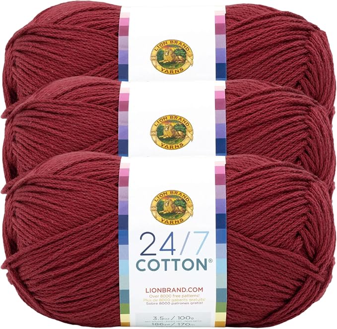 Lion Brand Yarn, 24/7 Cotton Mercerized Lightweight Yarn for Knitting, Crochet, and Crafts, Burgundy, 3 Pack, 185 Yards of Natural Fiber for Breathable Tops, Durable Bags, and Easy-Care Dish Cloths | Light Worsted 100% Mercerized Cotton Yarn for Croche... by LionBrandYarn