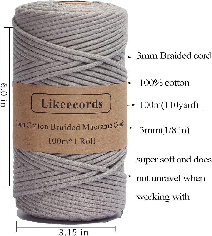 Braided Cotton Cord 3mm×109 Yards Natural Macrame Cotton Cord Bohemia Macrame Rope for Handmade Plant Hangers Wall (Gray) - Image 2
