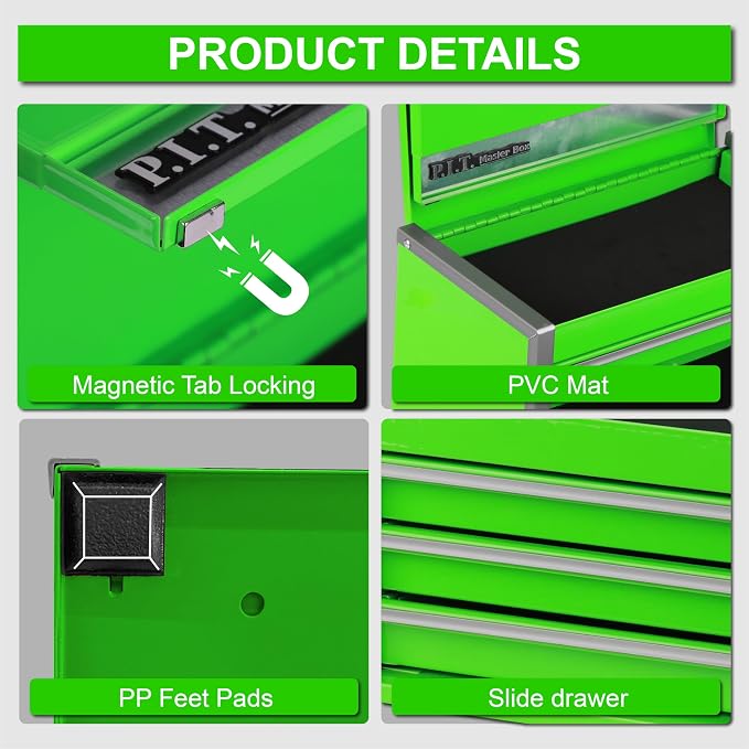 P.I.T. Mini Tool Box,3 Drawers Small Metal Toolbox for Tools Storage,Green | 8.6"W X 4.6"D Cute Size,Q235 Steel,Magnetic Tab Locking,PVC Drawer Liners - Image 7