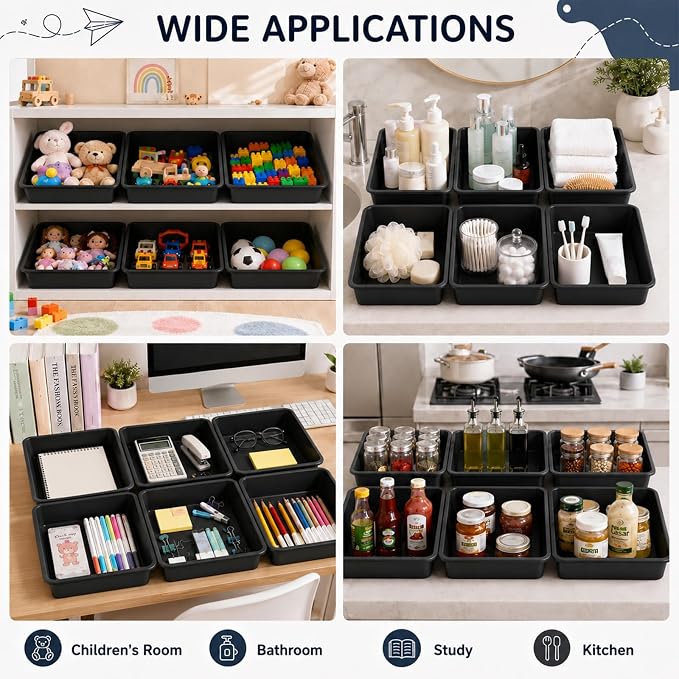 gisgfim 12 Pack Letter Size Flat Storage Paper Tray Organizer Bin Tray Plastic Stackable File Organizer for Classroom Library School Office Teacher Desktop Book Organization (Black) - Image 6