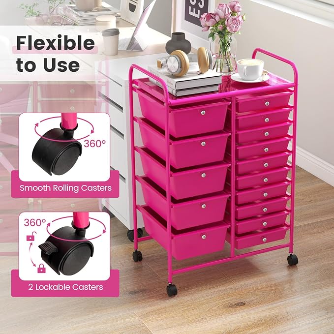 GOFLAME 15-Drawer Rolling Storage Cart, Craft Storage Cart with Removable Drawers & Lockable Wheels, Art Cart Supply Storage Organizer for Home Office Classroom, Hot Pink - Image 5