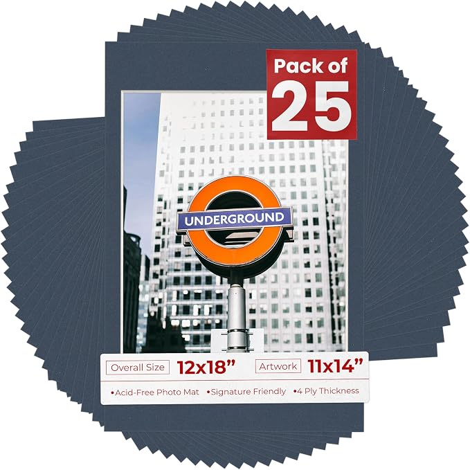 11x14 Mat for 12x18 Frame - Precut Mat Board Acid-Free Show Kit with Backing Board, and Clear Bags Navy 11x14 Photo Matte Made to Fit a 12x18 Picture Frame Matboard for Framing, Pack of 25 Mats by PosterPalooza