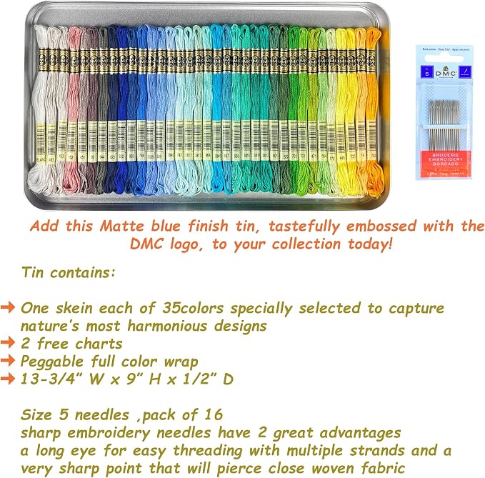 DMC Embroidery Floss, 35 Colors Scenic Tin Bundle with Hand Needles Size 5. | 35 DMC Cotton Embroidery Thread Assortment Pack Cross Stitch Supplies,Yarn Set, Premium String, Threads Kit, 8.7 Yard. - Image 2