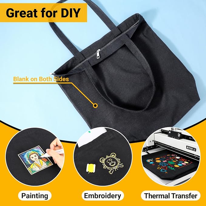 Segarty 6 Pcs 15x16x3.9in Reusable Totebags with Zipper & Shoulder Straps, Washable & Sturdy Grocery Tote Bags Foldable for Travel Beach Shopping, Blank Cloth Bags for Crafting Painting Embroidery DIY - Image 5